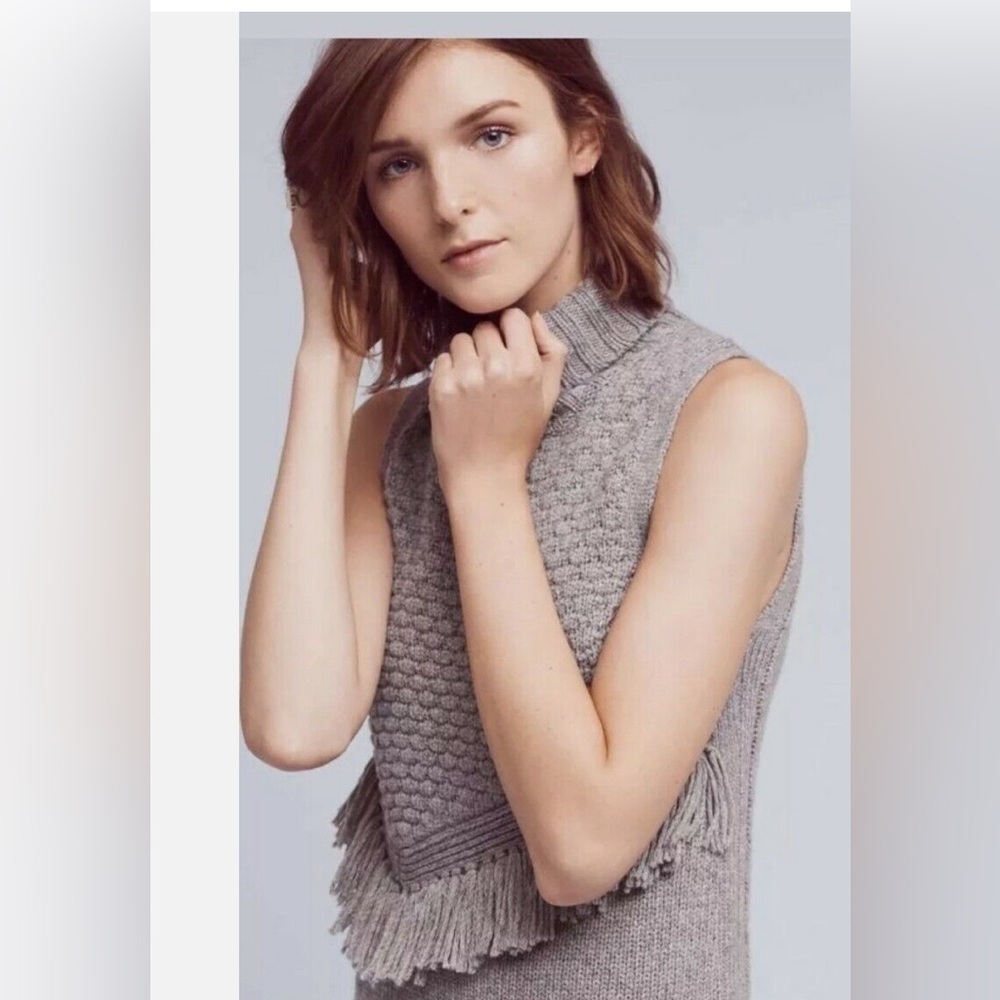 Anthropologie Nomad Morgan Carper Gray Vesper Fringe Turtleneck Knit TunicDress - Picture 3 of 12